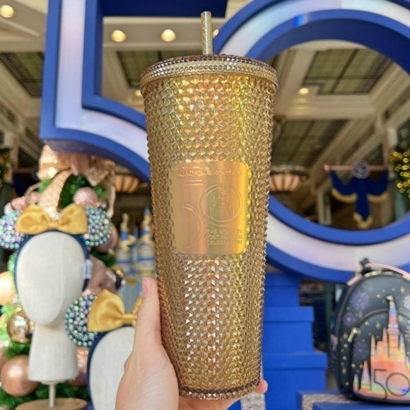 WALT Disney World 50th Anniversary Geometric Starbucks Tumbler with Straw – Gold - Picture 1 of 5